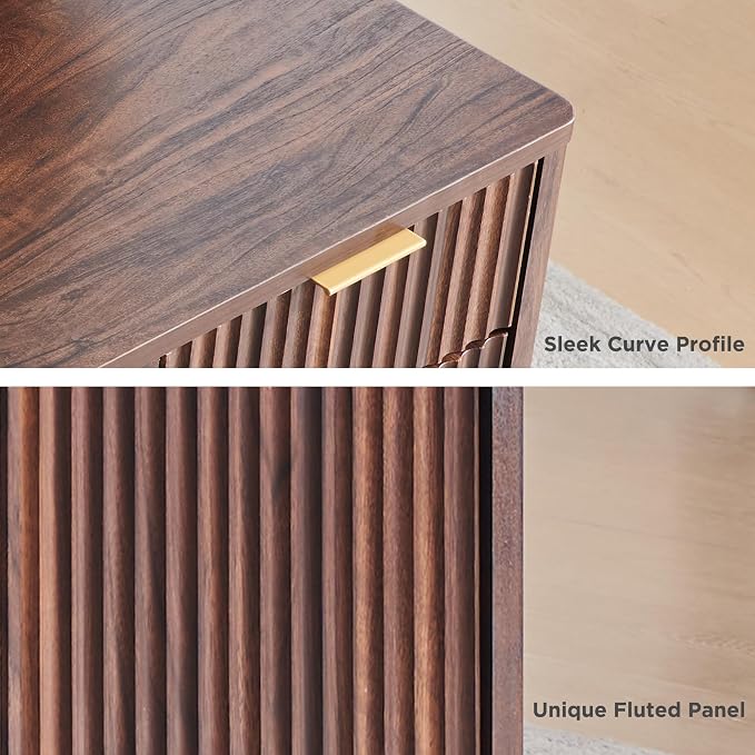 T4TREAM 60'' Fluted Executive L Shaped Desk, Modern Home Office Desk with Charging Station and File Drawer, Computer Corner Desks with Drawers & Storage Cabinet for Office Home, Bedroom, Dark Walnut