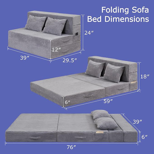 Folding Sofa Bed, 4 in 1 Convertible Sleeper Chair with Pillow, Twin Memory Foam Fold Out Chair Bed, Modern Floor Futon Sofa Couch Mattress for Living Room/Guest/Apartment, Light Gray