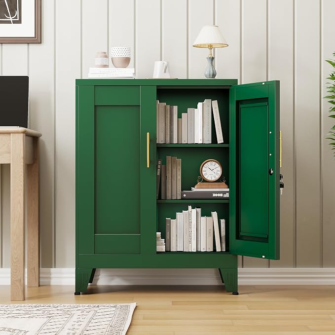 Green Metal Storage Cabinet, 36" Tall Locking Storage Cabinet with 2 Adjustable Shelves, Steel Locker Organizer, for Office, Home, School