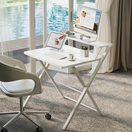 GreenForest Folding Desk No Assembly Required Large Size, 2-Tier Foldable Computer Desk with Shelf for Home Office, Space Saving Portable Laptop Study Foldable Table for Bedroom, White