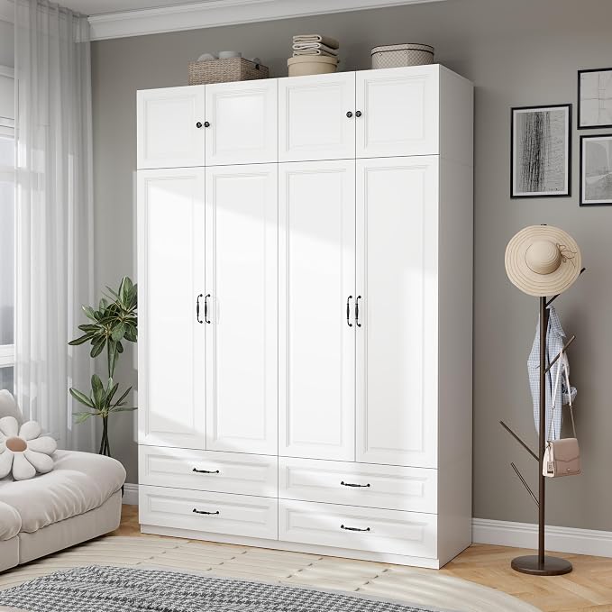 Armoire Wardrobe Closet with Doors: 89" Extra Tall White Wardrobe with Storage on Top, Bedroom Armoires with 4 Doors and 4 Drawers, Large Wood Closet Armoire for Hanging Clothes