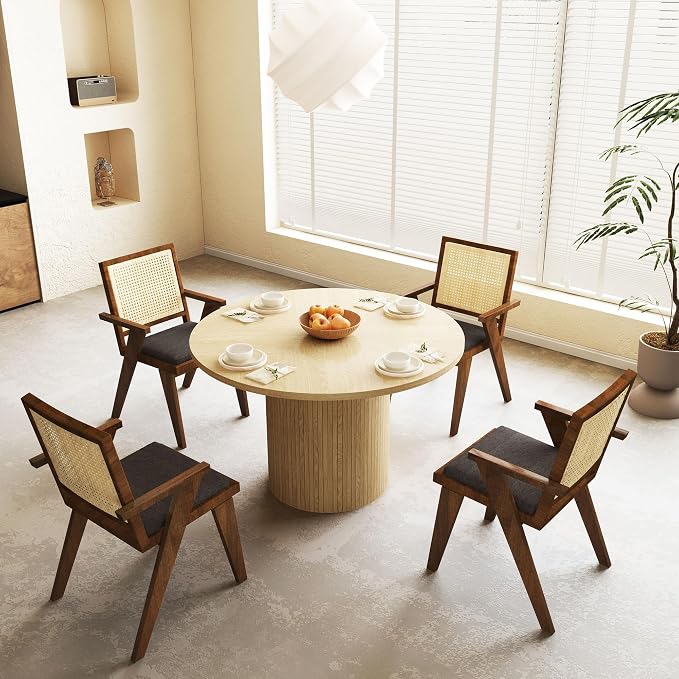 47 Inch Round Dining Table, Farmhouse Fluted Dining Kitchen Table, Modern Wood Small Circle Dining Table for Kitchen Living Room, Natural