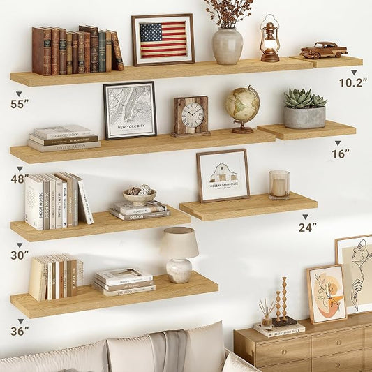 Vivelove 10" Deep Floating Shelves with Invisible Brackets, 36" Wall Shelves for Bathroom Bedroom Kitchen Living Room Laundry Room, Modern Rustic Shelves for Home Decor, 36"x10.2"x1.5", Set of 2, Oak