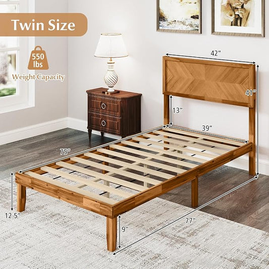 KOMFOTT Twin Size Wood Bed Frame with Headboard, Solid Acacia Wood Platform Bed Frame, Wooden Slats Supported Bed Base with Under-Bed Storage Space, No Box Spring Needed Mattress Foundation
