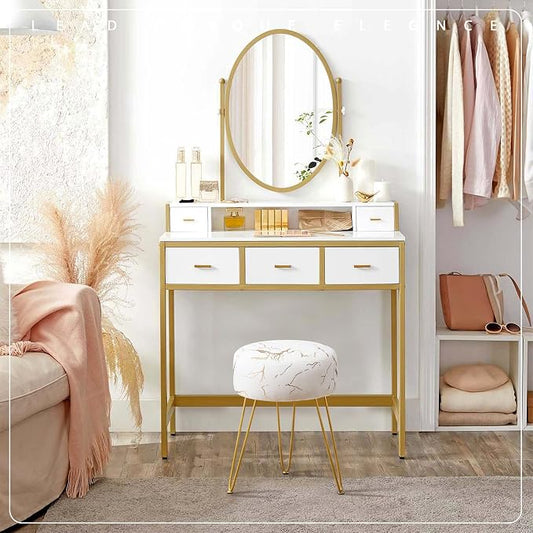 LUE BONA Vanity Stool, Gold Vanity Stools for Makeup Room, Round Ottoman Foot Stool, Velvet Footrest Vanity Chair for Bathroom Vanity, Bedroom, Living Room, Entryway, Offices, 300lbs