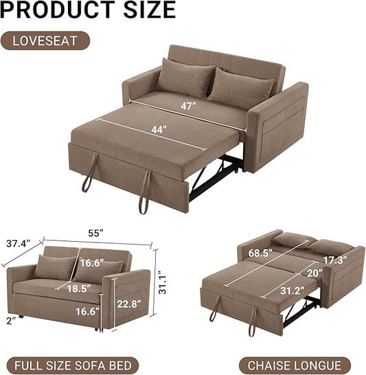 55.5" Fabric Convertible Sofa Bed, Pull Out Sleeper Sofa Bed, Loveseat Couch with Side Pocket, 3 in 1 Convertible Sleeper Sofa Bed for Living Room, Apartment, Bedroom, RV, Brown