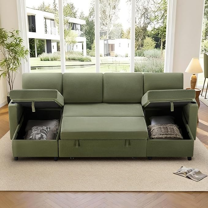 KISLOT 110 Inch Sectional Sleeper Sofa with Pull Out Bed Convertible Plush 2 in 1 Couch with Storage Chaise & USB Charging Comfy L Shaped Modular Couches for Living Room Apartment(3 Box)