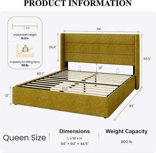 SHA CERLIN Queen Size Lift Up Storage Bed/Modern Wingback Headboard/Upholstered Platform Bed Frame/Hydraulic Storage/No Box Spring Needed/Wood Slats Support/Olive Yellow