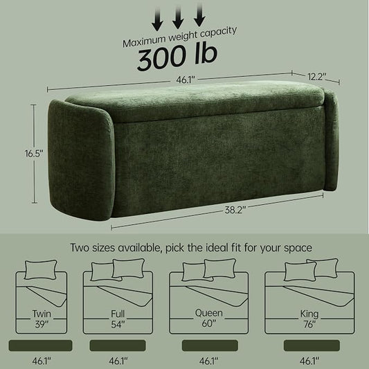 VKNOW 46" Oval Storage Ottoman Bench, Upholstered End of Bed Bench Ottomans Bench Foot Rest, Sherpa Storage Bench for Bedroom, Living Room and Hallway, Green