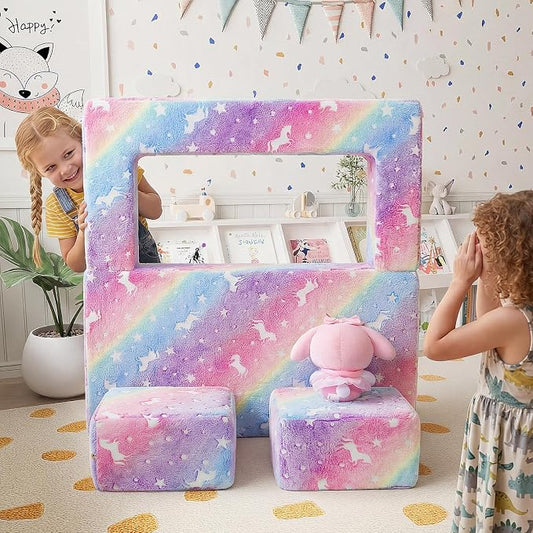 MeMoreCool Glow in the Dark Kids Couch – Modular Fold-Out Toddler Sofa (Rainbow) | Convertible Play Couch for Bedroom & Playroom; Chair, Bed, Fort or Ball Pit; Machine-Washable Velour Cover
