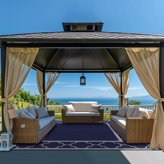 GENIMO 10 'x10 ' Outdoor Rug for Patio Clearance, Waterproof Indoor Outdoor Plastic Straw Rugs Carpet, Reversible Outside Area Rv Mat for Camping, Balcony Porch, Deck, Picnic, Beach (Blue & Grey)