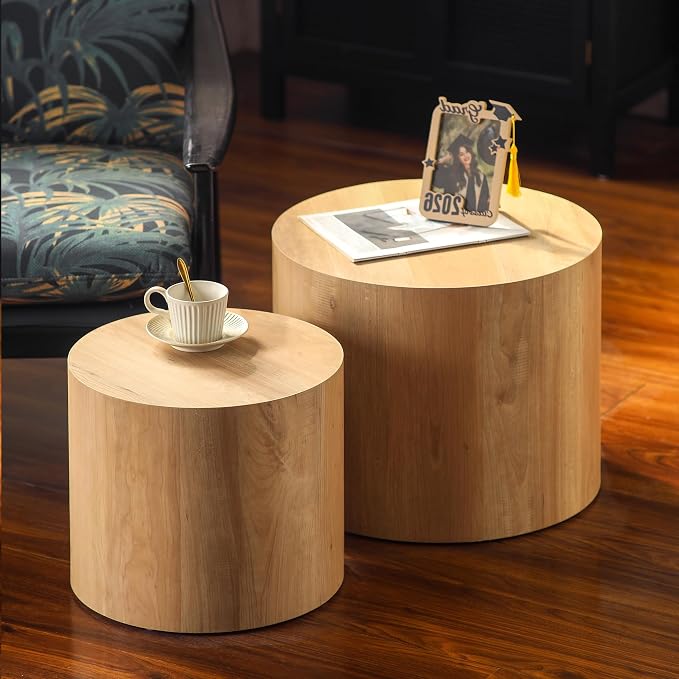 Nesting Round Coffee Table Set of 2, Accent End Table for Small Spaces, Morden Drum Side Table, Wooden Circle Center Table for Living Room, Fully Assembled - Light Oak