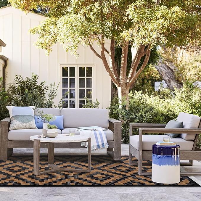 SAND MINE Reversible Mats, Plastic Straw Rug, Modern Area Rug, Large Floor Mat and Rug for Outdoors, RV, Patio, Backyard, Deck, Picnic, Beach, Trailer, Camping, Black & Brown, 2.5' x 8'