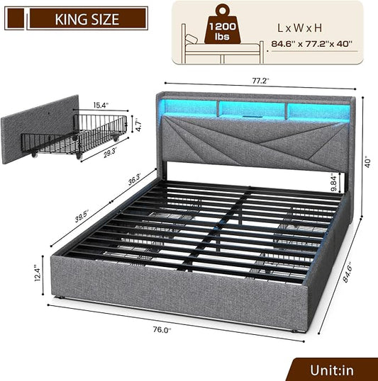 Driftalia LED King Size Bed Frame with 4 Storage Drawers, Upholstered King Bed Frame with 2-Tier Headboard and Charging Station, No Box Spring Needed, Easy to Assembly - Light Grey
