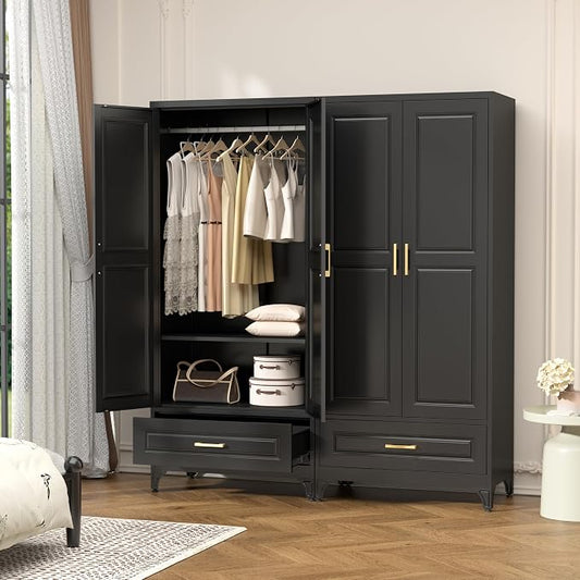 Polup Metal Armoire Wardrobe Closet with Drawer, 71“ Tall Wardrobe with Doors and Shelves, Metal Wardrobes Closet with Hanging Rod, for Bedroom, Garage, Laundry, Black