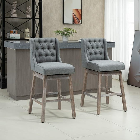 HOMCOM Bar Height Bar Stools Set of 2, 180 Degree Swivel Barstools with Solid Wood Footrests and Button Tufted Design, 30" Seat Height Bar Chairs for Kitchen Island, Gray