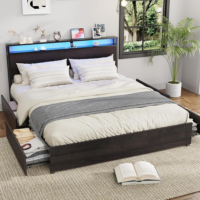 Kiivakii King Size Bed Frame with 4 Storage Drawers, LED Platform Bed with Headboard, Built in Charging Station, Noise-Free, Metal Support Base, No Box Spring Needed, Black