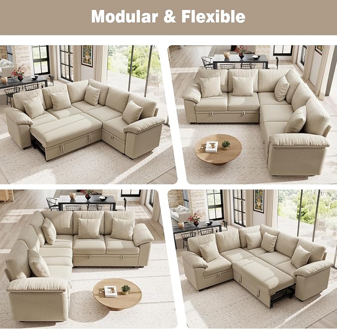 Ihanherry 86" Modular Sectional Sofa with Pull Out Bed, 5-Seater L Shaped Sectional Sleeper Couch with Storage, Chenille Convertible Couches for Living Room, Apartment (Sand)