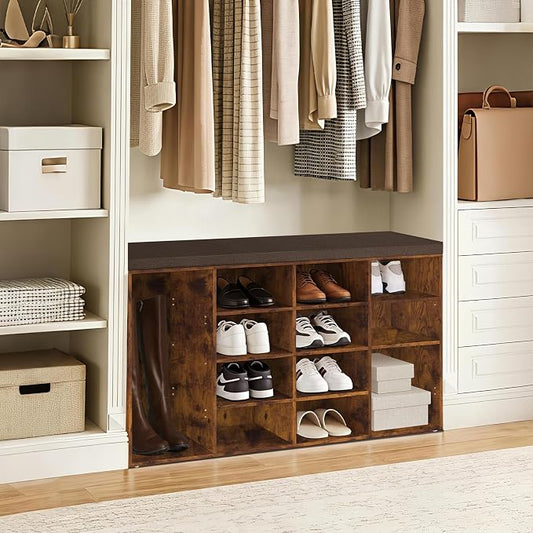DINZI LVJ Shoe Storage Bench with Cushion, 14-Cubby Shoe Rack, Adjustable Shelves, Multifunctional Shoe Organizer Bench for Entryway, Mudroom, Hallway, Living Room, Bedroom and Garage, Rustic Brown