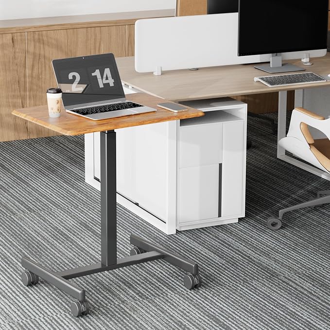 DUMOS Small Standing Desk Mobile Portable Rolling Laptop PC Table on Wheels Adjustable Height Computer Workstation for Home Office Small Space, 19 Inch, Brown