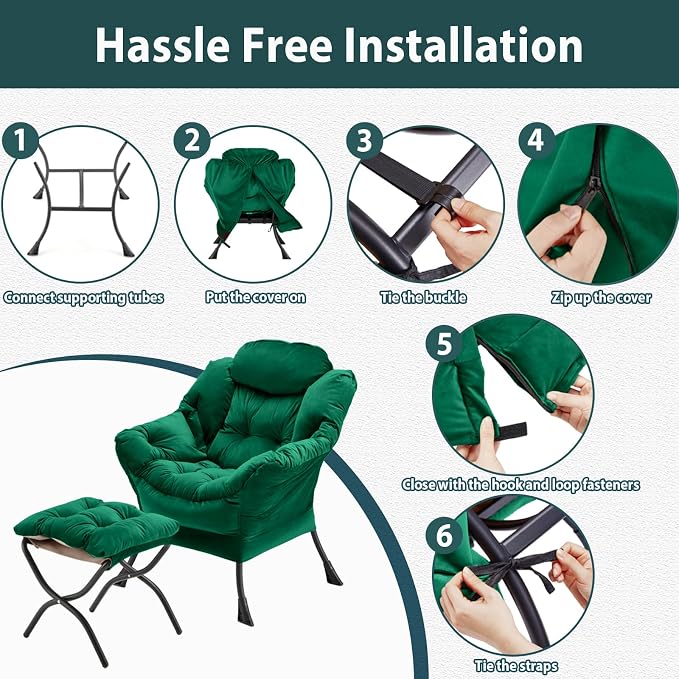 Youtanic Lazy Chair with Folding Ottoman, Accent Chair Velvet Upholstered with Metal Structure and Non-Slip Pads, Sofa Armchair with Footrest and Side Storage Bag for Dorm, Room, Office, Green