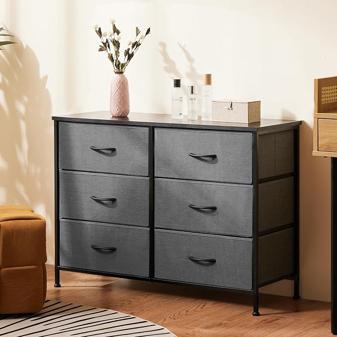 DUMOS Bedroom Dresser for Closet, Fabric Dresser, Chest of 6 Drawers | Storage Organizer, Small Space TV Stand for Living Room, Anti-tip and Wooden Top, Home Furniture, Grey