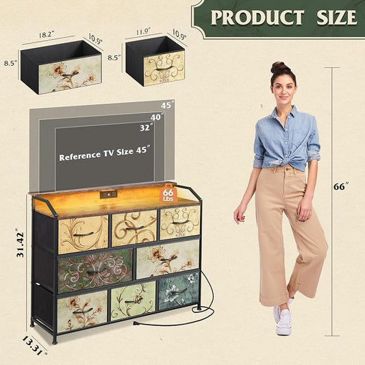 WLIVE Led Dresser for Bedroom, TV Stand for Bedroom with LED Lights and Power Outlet, Wide Chest of Drawers for Hallway, 8 Fabric Drawers for Living Room and Entryway, Floral Painted