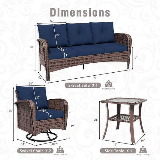 4 Piece Patio Conversation Set - 2 Swivel Chairs 1 Coffee Table 3-Seater Sofa, PE Wicker & Steel Patio Furniture with Heavy-Duty Steel Frame,Weatherproof Cushions, Blue