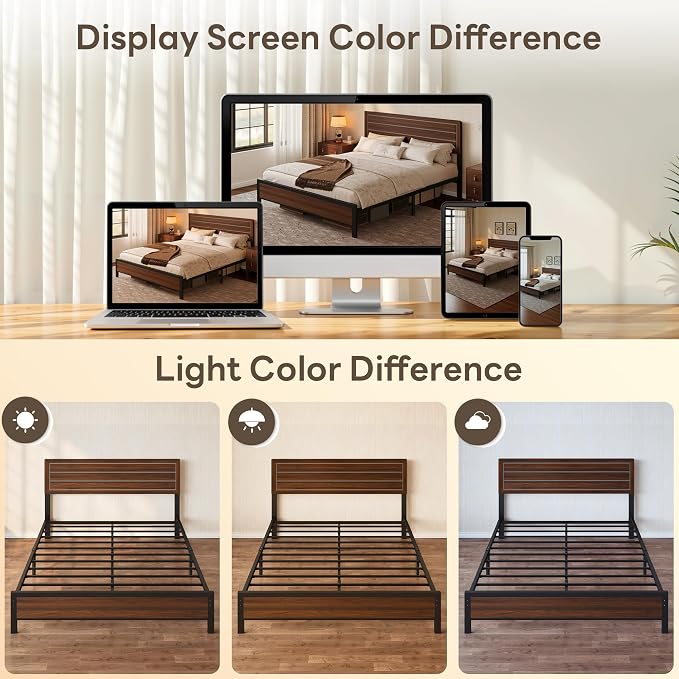 LIKIMIO Queen Bed Frame with Headboard, Mid-Century Modern Queen Platform Bed, Heavy Duty Silent Metal Slats, No Box Spring Needed, Noise-Free, Dark Walnut