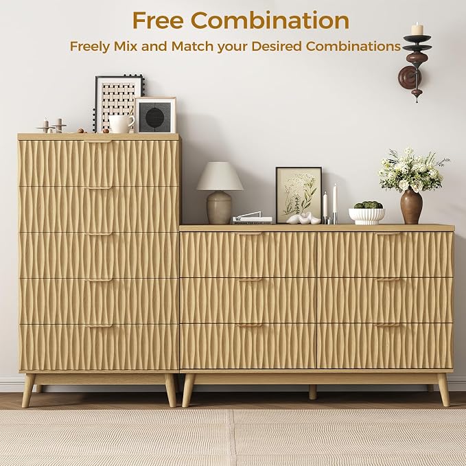 Dresser for Bedroom, 47" Wide 5 Drawer Dresser, Modern Wood Chest of Drawers for, Bedroom, Living Room, Entryway, Natural