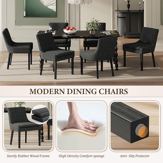 Modern Dining Room Chairs Set of 6 with Mid Back and Wood Legs, Upholstered Kitchen Chairs for Dining Room/Living Room, Black