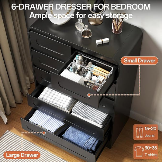 3 Piece Bedroom Set, Dresser and Nightstand Sets for Bedroom | Wood 6 Drawer Dresser & Night Stand Set of 2, Tall Chest of Drawers Modern Storage Cabinet Bedroom Furniture Set, Black