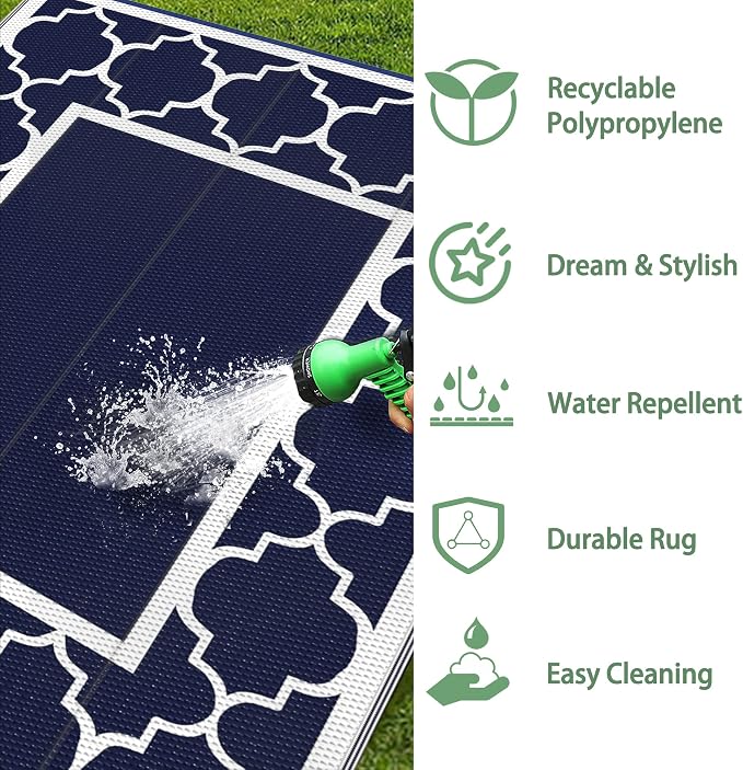GENIMO 6' x 9' Outdoor Rug Waterproof for Patio Fall Decor, Foldable Reversible Plastic Straw Area Rugs Mat for Camper, Outside Carpet for Rv, Deck, Porch, Picnic, Beach, Balcony, Blue & White