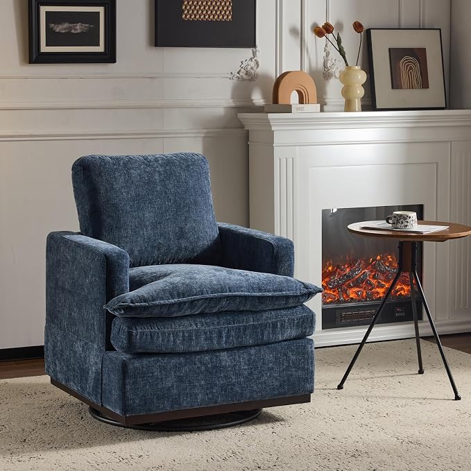 VINGLI 360°Swivel Mid-Century Modern Accent Armchairs Set of 2 with Double-Layer Seat Cushions, Comfy Single Square Sofa, Upholstered Club Chairs for Living Room,Bedroom, Reading Room, Chenille Blue