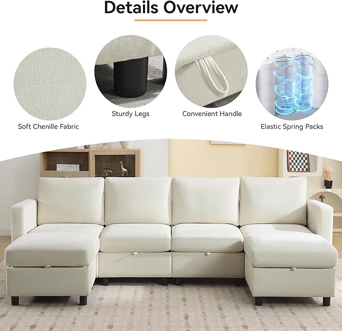 WUTUTUEE 58'' Modular Sectional Loveseat Sofa, Modern Love Seat 2 Seater Sofa Couch with Storage, Chenille Modular Sectional Couch for Living Room, Bedroom, Office, Small Apartment, Beige