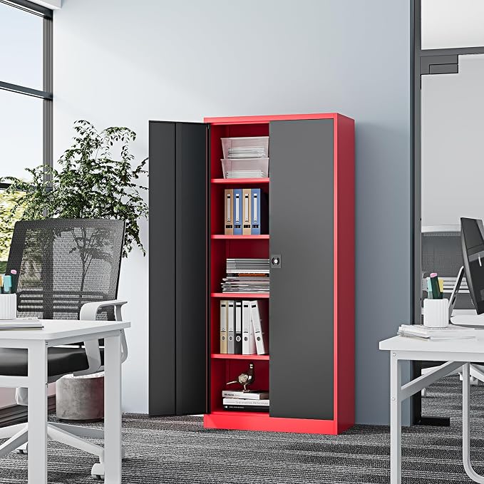 Fesbos Metal Storage Cabinet-72” Tall Steel File Cabinets with Lockable Doors and Adjustable Shelves-Black&Red Steel Storage Cabinet for Kitchen, Office, Garage