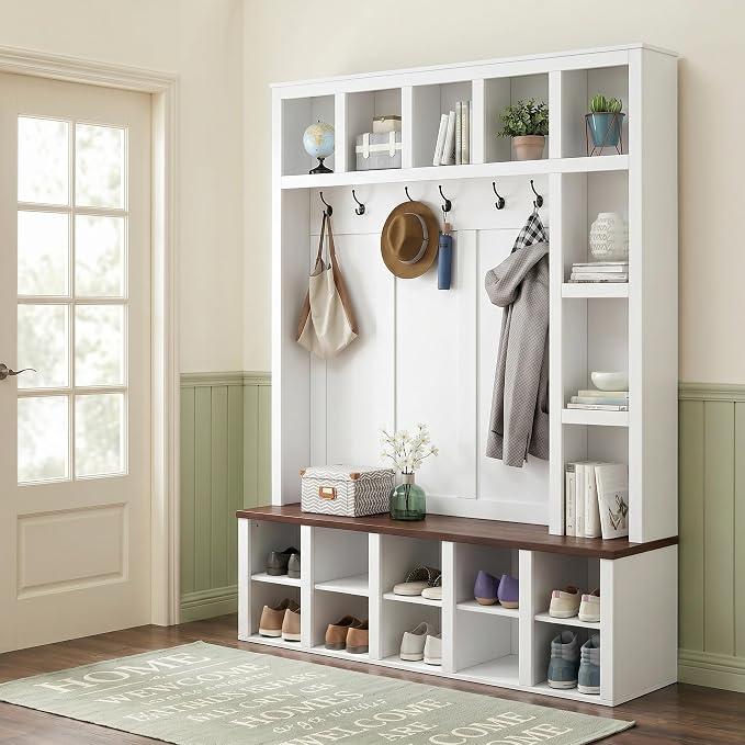 Hall Tree with Bench and Shoe Storage,Shoe and Coat Rack with Drawer and Hooks,Farmhouse Furniture for Entryway,Mudroom,Living Room,Black (White, 59.2")