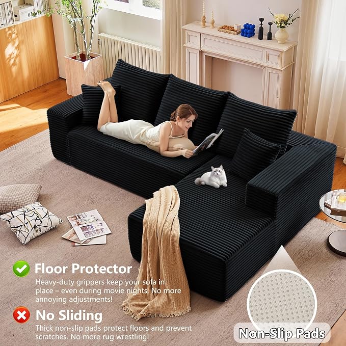 Sectional Couches for Living Room Cloud Couch Sofa with L-Shape Couch in a Box Upholstered Boneless Couchs Modern Modular Sectional Couch with Chaise(Black,3 Seater-Right-Facing Chaise-96)
