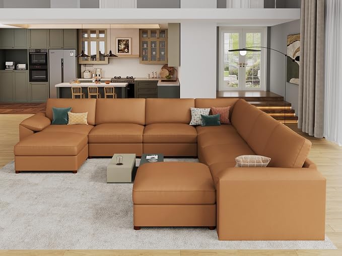 EASE MOOSE Oversized U Shaped Couch,Modular Sectional Convertible Sofa with Wide Deep,Extra Large Faux Leather Scratch Resistant Modern Couch for Big Spaces,Brown