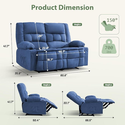 Loveseat Recliner Sofa, Wall Hugger Reclining Loveseat with Cup Holders & Storage Pockets, 150° Adjustable RV Couch, Traditional 2-Seat Reclining Couch for Living Room, RV, Home Theater, Blue