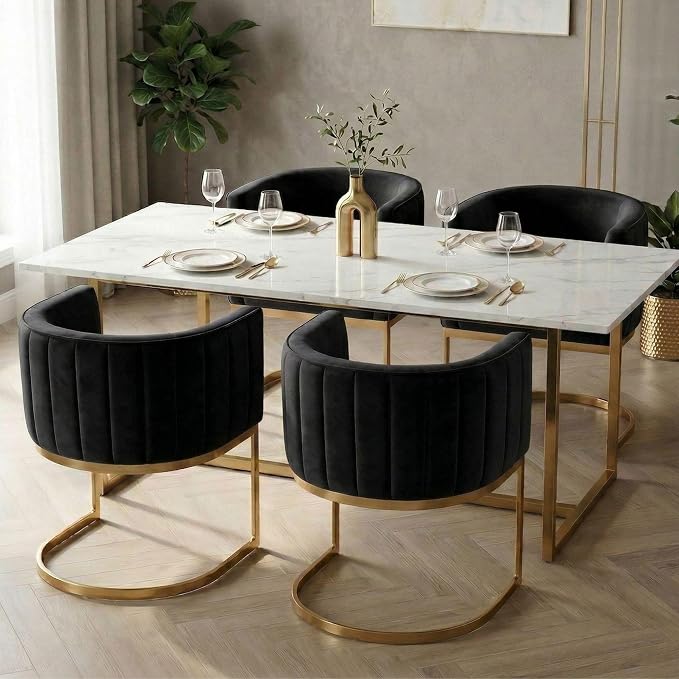 Hyfirm Black and Gold Barrel Dining Chairs Set of 6, Modern Velvet Upholstered Accent Chairs with Curved Back for Kitchen Island, Luxury Comfort Seating Cantilever Metal Frame