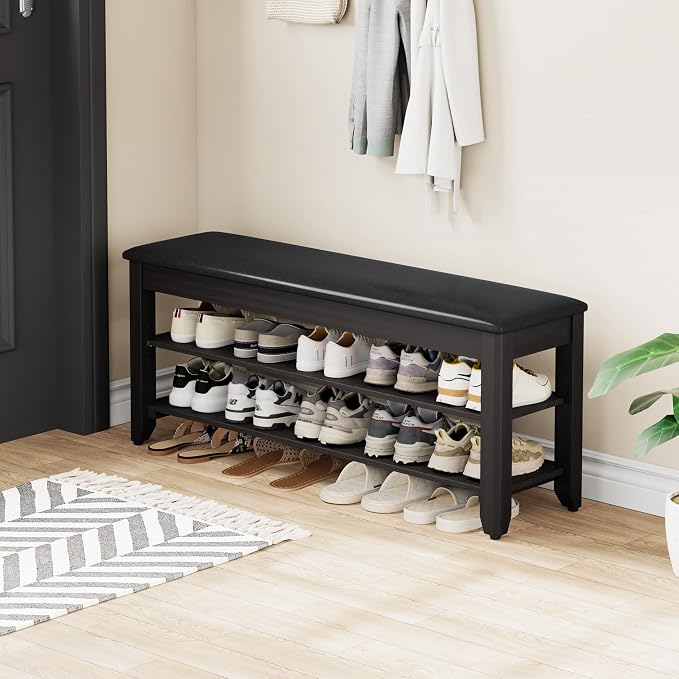 Homleke 2-Tier Solid Wood Shoe Rack Bench with Flip-Top Storage | Entryway Bench with Cushion, Adjustable Shelf, Holds Up to 10 Pairs, for Hallway, Bedroom and Closet, Black, 39.4 Inch