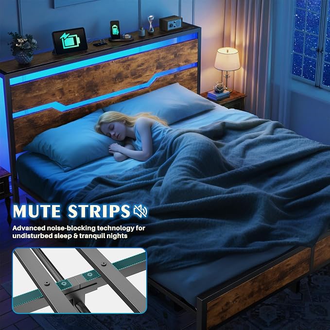 Homkdom Full Size Bed Frame with USB Ports & LED Lights, Headboard Shelf, Heavy Duty Metal Platform with 10.24" Underbed Storage, Noise-Free Slats, No Box Spring Needed, Modern Brown