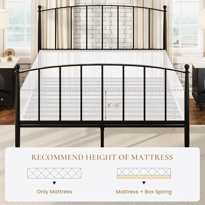 SHA CERLIN Full Size Metal Platform Bed Frame with Victorian Style Iron-Art Headboard and Footboard, Easy Assembly, No Box Spring Needed, Black