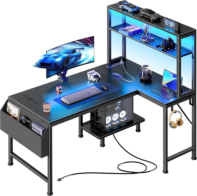 PRAISUN L Shaped Gaming Desk with LED Lights & Power Outlets, Reversible Computer Desk with Storage Shelves & Bag, Small Corner Home Office Desk with Pegboard for Work from Home, Black