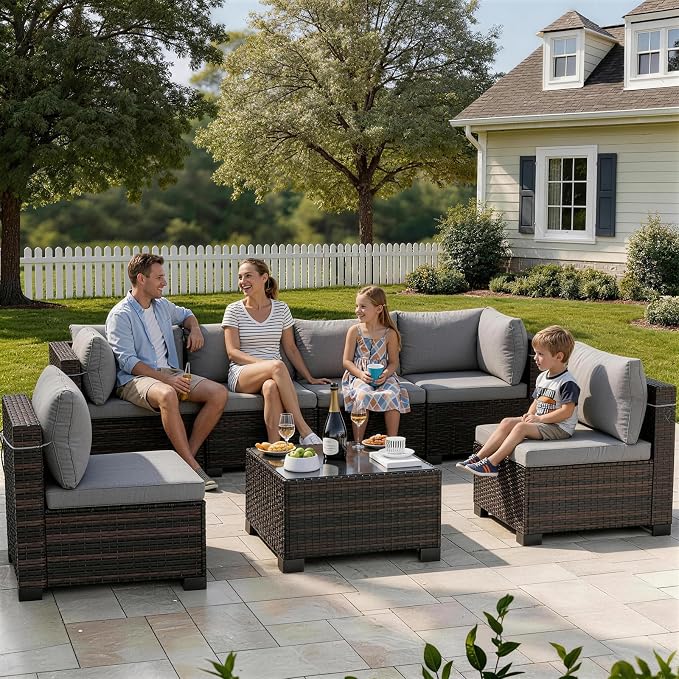 LAFWELL LEVELEVE 7 Pieces Outdoor Patio Furniture Sets,Rattan Conversation Sectional Set,Manual Weaving Wicker Patio Sofa with Tea Table