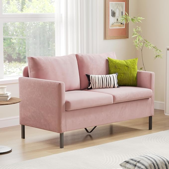 TYBOATLE Pink Love Seat Mid Century Modern Small Loveseat for Living Room, 51" W Mini Little Upholstered 2-Seater Love Seats w/Iron Legs for Compact Small Space, Apartment, Bedroom, Dorm, Office