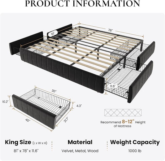 SHA CERLIN King Size Velvet Upholstered Platform Bed Frame with 4 Storage Drawers, Vertical Channel Tufted, Low Profile, Fits Standard Headboards, Wooden Slats Support, Easy Assembly, Black
