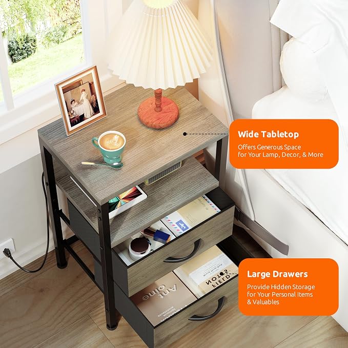 Lazzanto NightStand Bedside Charging Table Bedroom - Night Stand with Charger Station, Modern Nightstand with Open Shelf & 2 Fabric Drawers, End Table with USB-C USB Ports & AC Outlets for Dorm, Grey