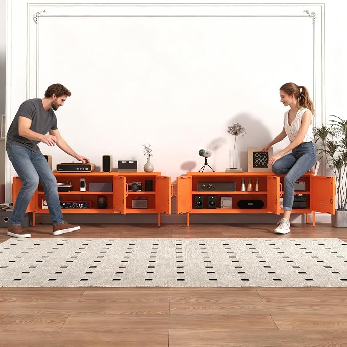 3 Door Lockable Metal TV Stand Storage Cabinet with Accent Cabinet Locker, Wide Heavy Duty Media Console for Large 100+ Inch TVs, Home Office Entertainment Center, Orange 22"H X 47.3"W X 13.8"D